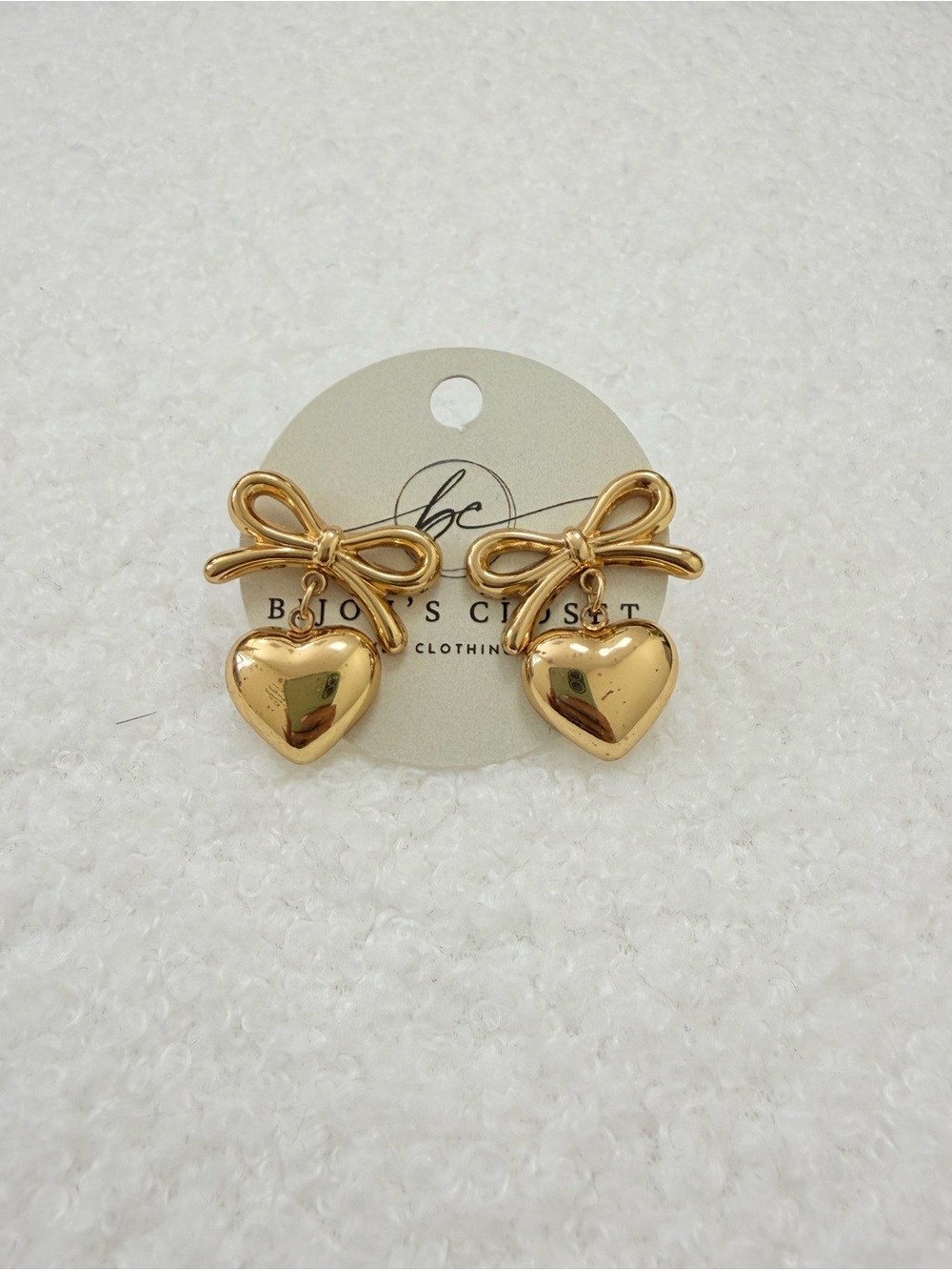 Gold Bow Drop Earrings with Heart Charms